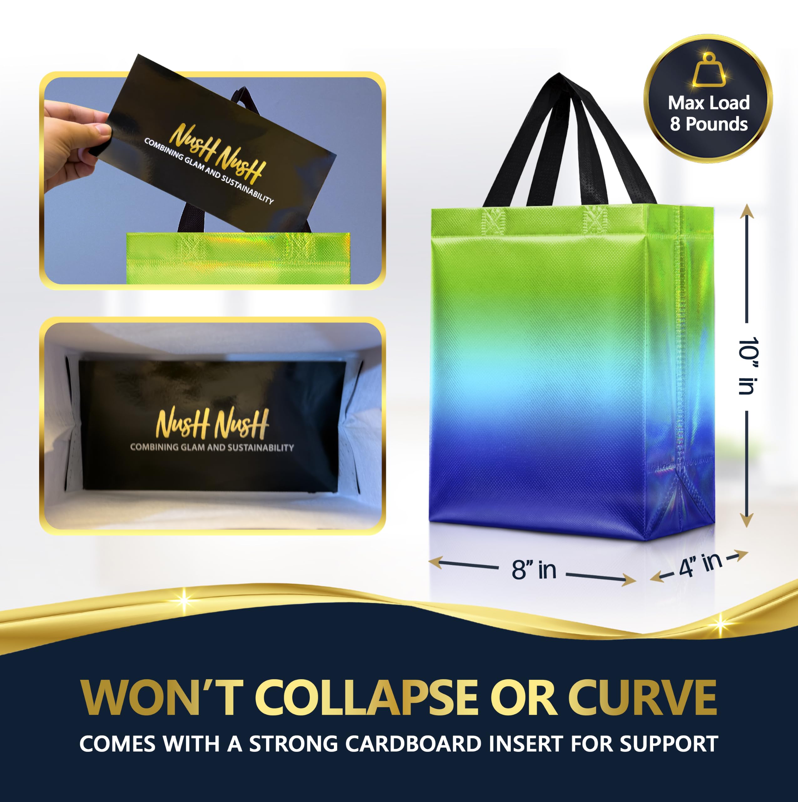Nush Nush Medium Blue to Green Rise Gift Bags, 8 x 4 x 10, Set of 12