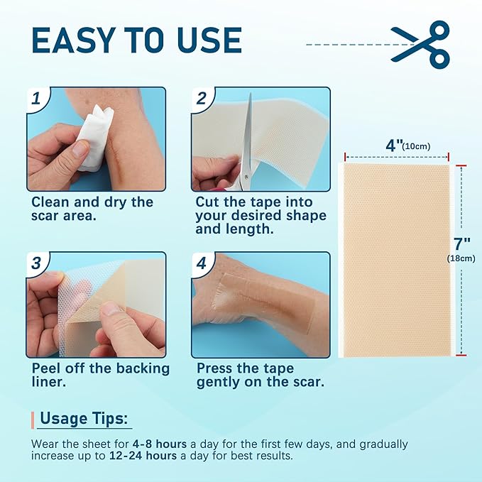 MEDLOT Silicone Scar Sheets, Large 10Pcs 4” x 7” Each, Medical Silicone Tape for Scar Treatment, Scar Patches for C-Section, Keloid Bump, Stretch Marks, Burn, Acne, Surgical Scar Removal