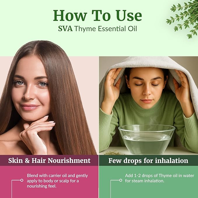 SVA Thyme Essential Oil 4 Fl Oz – for Diffuser, Skin & Hair Care – Ideal for Massage & DIY Blends – with Dropper