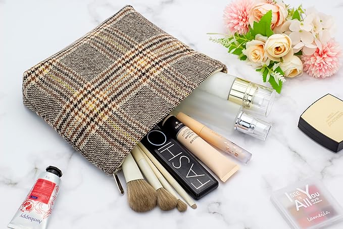 PAZIMIIK Makeup Bags for Purse Zipper Cosmetic Pouch Large Travel Canvas Make Up Organizer Tool Pouch for Women and Girls,Plaid Brown