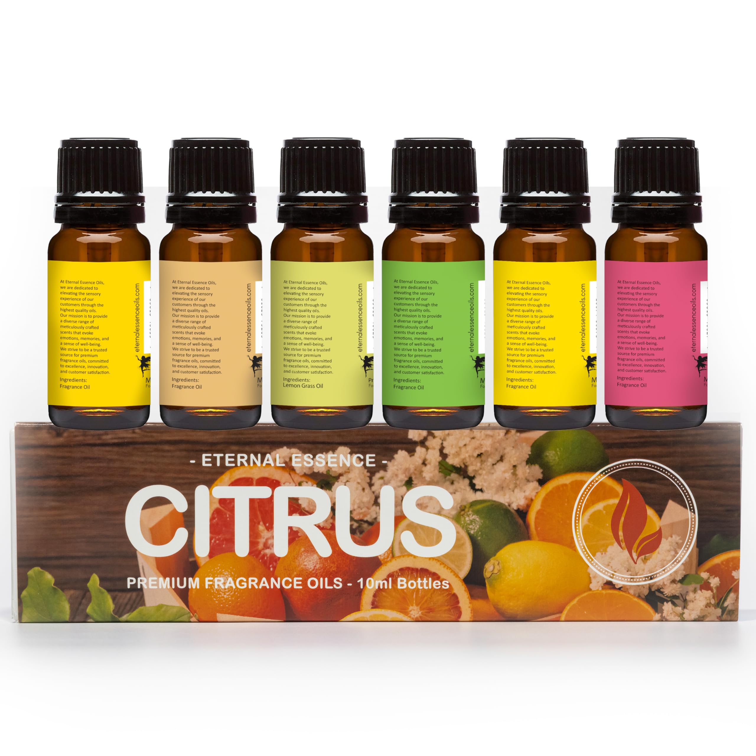 Eternal Essence Oils Citrus Set of 6 Premium Fragrance Oils - Lemon Grass, Blossom, Sugar, Lime, Grapefruit, and Pineapple - for Diffusers, Candle & Soap Making, & Aromatherapy - 10ML