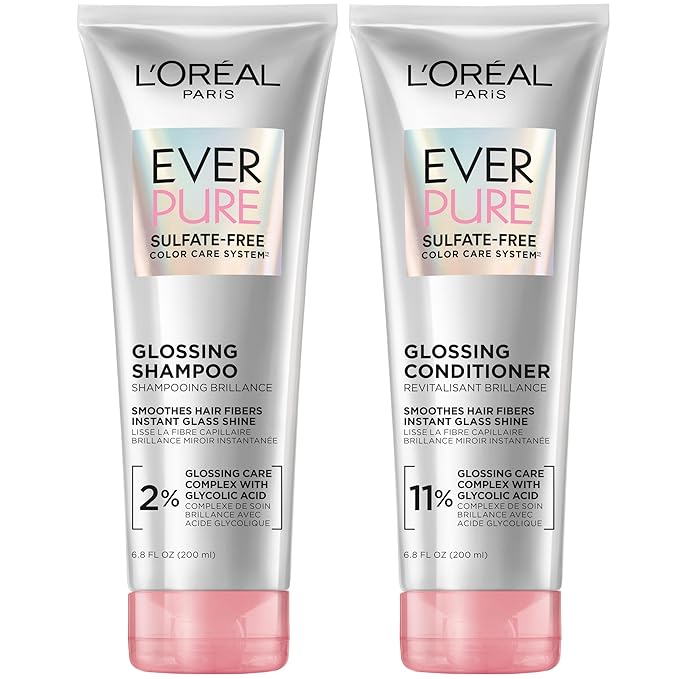 L’Oreal Paris Sulfate Free Glossing Shampoo and Conditioner Set with Glycolic Acid, Provides Intense Glass Shine & Smoothness, Suitable for Dull, Dry, and Color-Treated Hair, EverPure, 13.6 Fl Oz Set