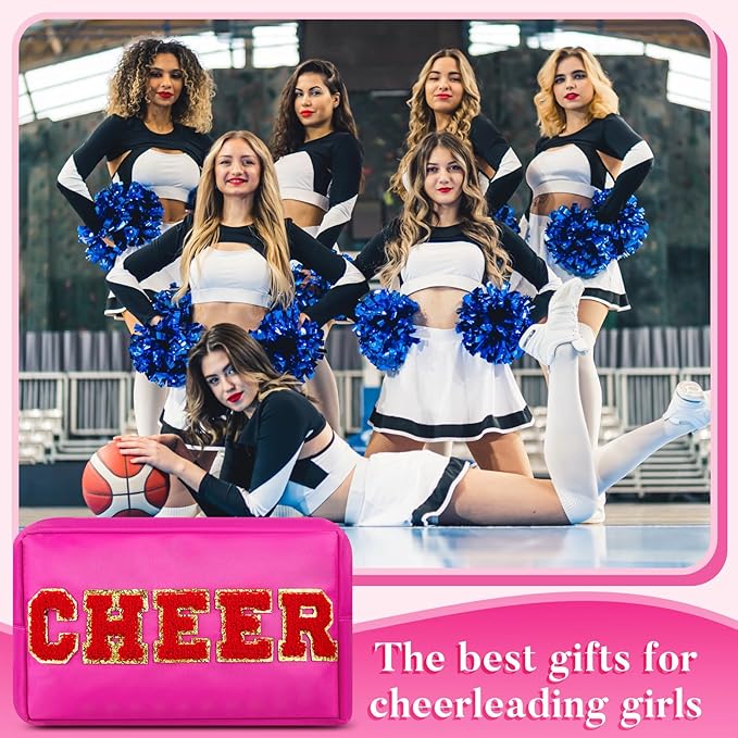 Clysee 6 Pcs Cheer Makeup Bag Chenille Cosmetic Bag with Letter Patches, Waterproof Portable Cheerleader Toiletry Zipper Pouch for Girls Women Teachers Appreciation Gifts (Pastel Colors)