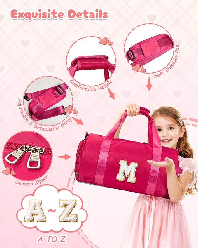 4 Year Old Girl Birthday Gift, Girls Travel Duffel Bag, Kids Initial Overnight Bags with Shoe Compartment, Customized Sport Gym Weekender Bag with Makeup Pouch, Gifts for Teens (Letter E)