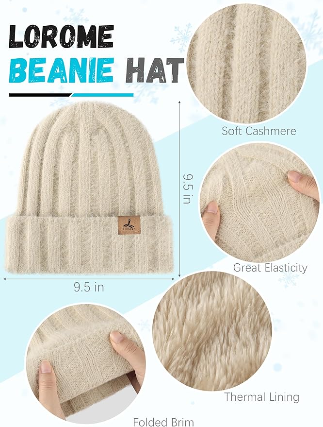 LOROME Winter Beanie Hat Gloves Scarf, Cashmere Hat Gloves Scarf Set Women