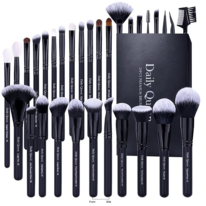 Daily Queen 29pcs Black Professional Makeup Brush Set Kabuki Powder Concealers Eye shadows Blush Eyeliner Eyebrow Contour Eye blending Brushes (29pcs brush)