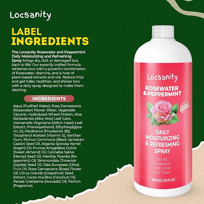 Loc Spray - Locsanity Daily Moisturizing Rosewater & Peppermint Spray for Locs, Dreadlocks - Lightweight Frizz Control Hair & Scalp Moisturizer - Natural Loc Care (32 fl oz)