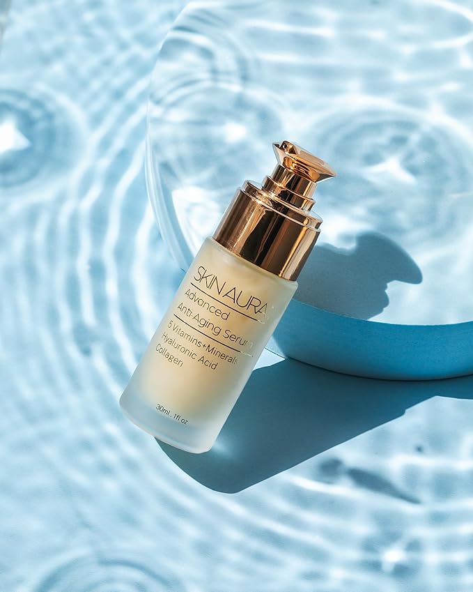SKIN AURA™ Advanced Anti-Aging Serum | All-In-One Sensitive Formula for Wrinkles, Fine Lines & Age Spots | Plant Derivative with Hyaluronic Acid, Collagen Peptides, 5 Vitamins + Minerals - 30ml (1oz)