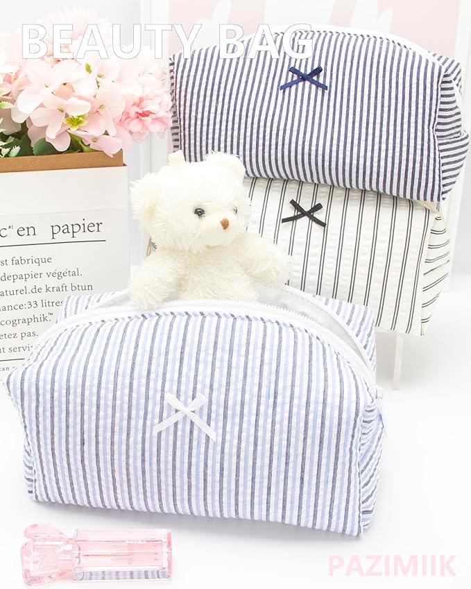 Cozy Makeup Bag for Women,Zipper Cosmetic Pouch,Stripe Blue Mix,2 Pack