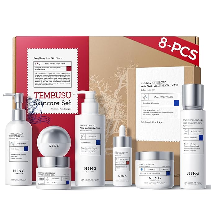NING DERMOLOGIE Korean Skin Care Set Anti Aging: 8-Step Tembusu Essence Skincare Gift Set for Women - Complete Facial Care Kit for Cleansing, Exfoliating, Masking & Moisturizing