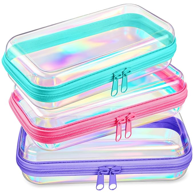 Hoolerry 3 Pcs Clear Hard Zipper Case Hard Plastic Zipper Pouch Makeup Bag Portable Travel Organizer for Cosmetics, Office Supplies, Documents & Toiletries(Laser,S)