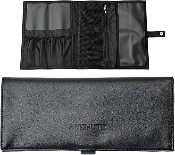 Anshute Travel-Ready Makeup Brush Organizer，Makeup brush holder travel Bag, Black - Multi - Zone PU Leather Cosmetic Case, roll up makeup bag organizer, Makeup Brush Case