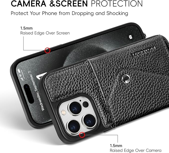 LUCKYCOIN Crossbody Phone Case for iPhone 15 Pro Max,100% Genuine Leather Phone Wallet Case for Women, Premium Hands-Free Phone Purse with Expandable Flip Card Holder & Adjustable Strap - Pebble Black