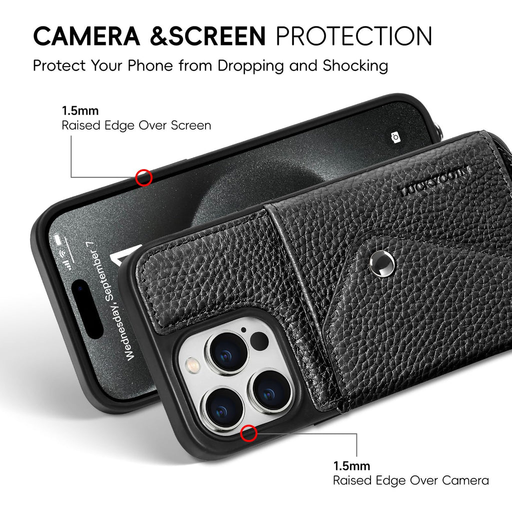 LUCKYCOIN Crossbody Phone Case for iPhone 15 Pro Max,100% Genuine Leather Phone Wallet Case for Women, Premium Hands-Free Phone Purse with Expandable Flip Card Holder & Adjustable Strap - Pebble Black