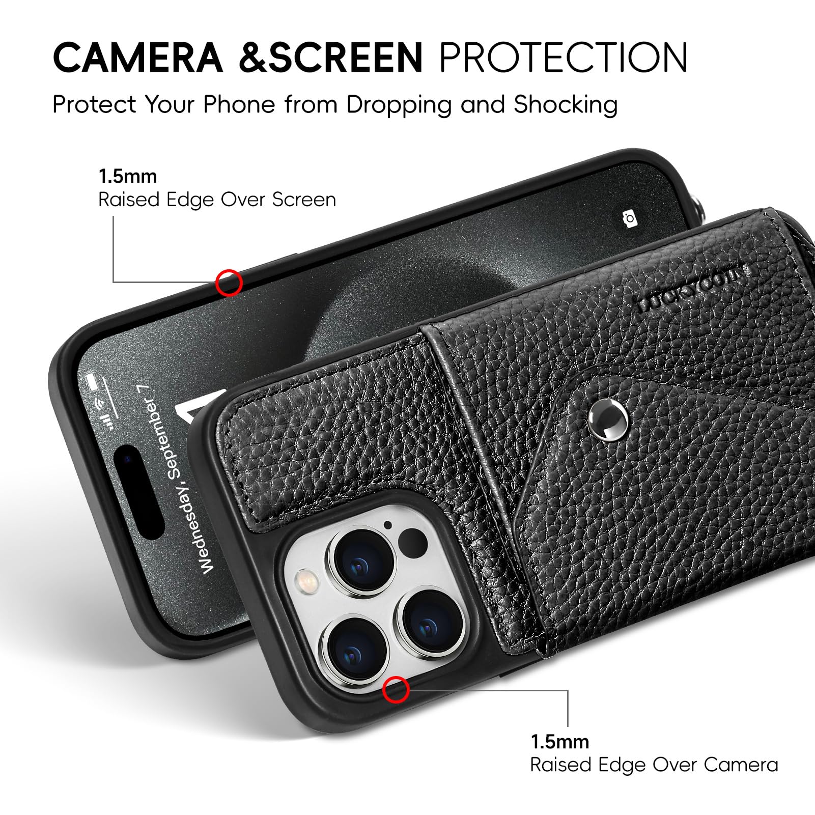 LUCKYCOIN Crossbody Phone Case for iPhone 15 Pro Max,100% Genuine Leather Phone Wallet Case for Women, Premium Hands-Free Phone Purse with Expandable Flip Card Holder & Adjustable Strap - Pebble Black