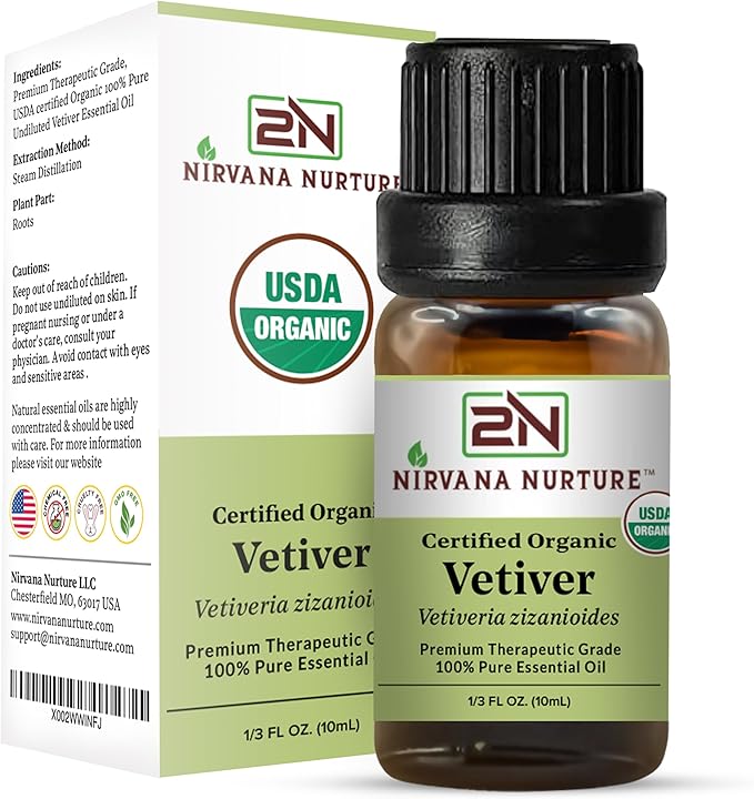Nirvana Nurture Vetiver Essential Oil, USDA Certified Organic, 100% Pure Undiluted, Aromatherapy Oil for Diffuser, Hair & Skin Care