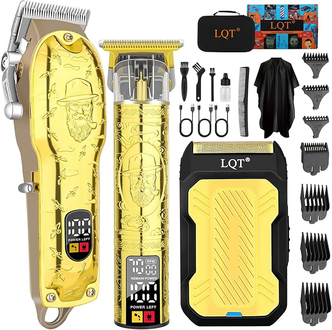 LQT Professional Hair Clipper Set for Men Electric Shaver Razor Cordless Hair Cutting Barber Clippers Beard Trimmer Men’s Grooming Kit Gifts for him (Gold)