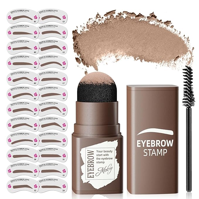 Eyebrow Stamp Stencil Kit - Long-Lasting Waterproof & Smudge-Proof Brow Shaping Kit with 24 Thin & Thick Stencils (Light Brown)