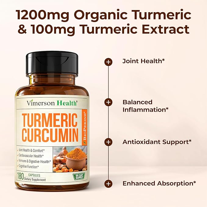 Turmeric Curcumin Supplement – 1200mg Organic Turmeric Curcumin With Black Pepper Extract for Max Absorption – Digestive & Joint Supplements For Men & Women w. Tumeric Extract & Bioperine – 180 Caps