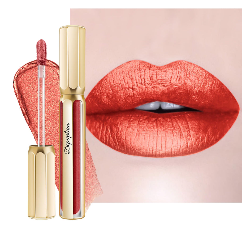 Depuplum Red Lipsticks for Women Metallic Glitter Lipstick Long Lasting