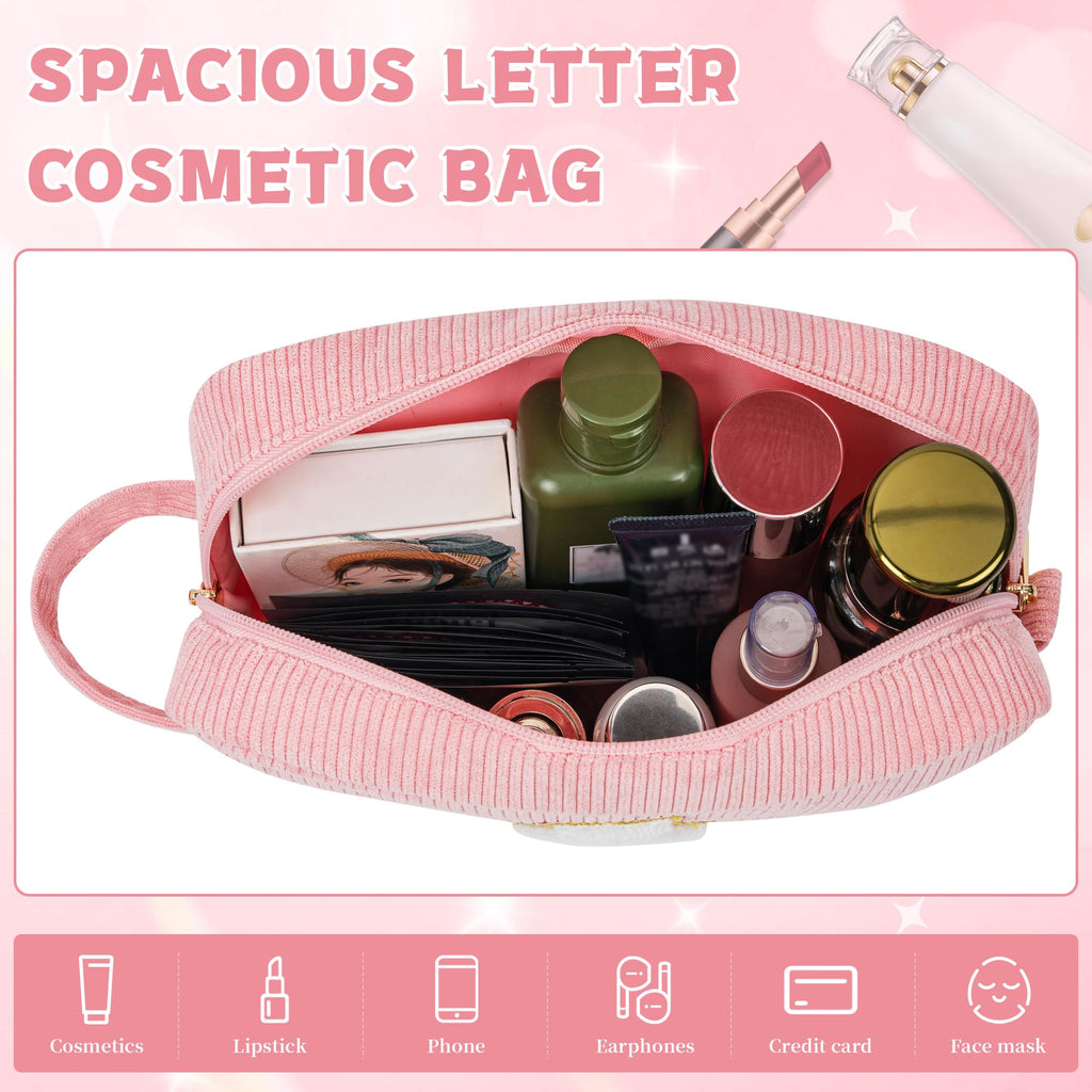 WELIDAY Initial Makeup Bag, Birthday Gift Preppy Chenille Patch Cosmetic Bag, Initial Travel Essentials Beach Toiletry Pouch, Ideal Gift for Teachers & Moms, Women and Girls (Blush Pink, A)