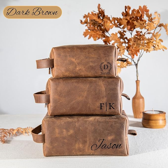 Personalized Handcrafted Leather Toiletry Bag for Men, Custom Shaving, Travel Dopp Kit, Grandpa, Dad, Husband, Father, Him, Boyfriend, Groomsmen, Birthday, Wedding, Graduation, Retirement Gifts