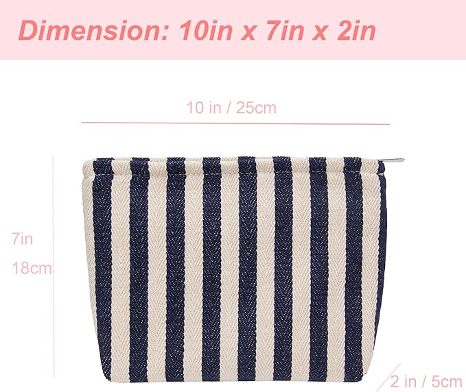Flat Makeup Bag for Women,Zipper Cosmetic Pouch for Purse,Stripe Navy Blue