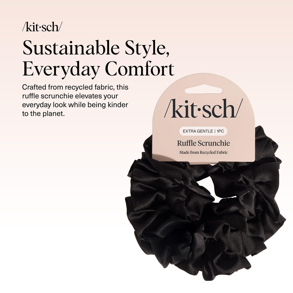 Kitsch Ruffle Satin Scrunchies For Women - Gentle Hair Tie - Black, 1pc