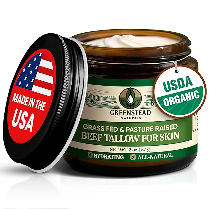 Greenstead Naturals Organic Beef Tallow for Skin – USDA-Certified Organic Tallow Balm for Skin Face and Body with Jojoba Oil and Cocoa Butter – No Added Fragrance, Herb-Infused – 2 oz.