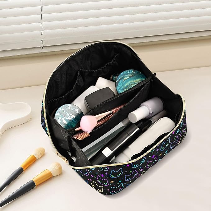 MNSRUU Makeup Organizer Bag, Colorful Neon Cat Heads Travel Makeup Bags Makeup Vanity Case Large Capacity Rhombus Cosmetic Toiletry Bag for Girl Women Ladies