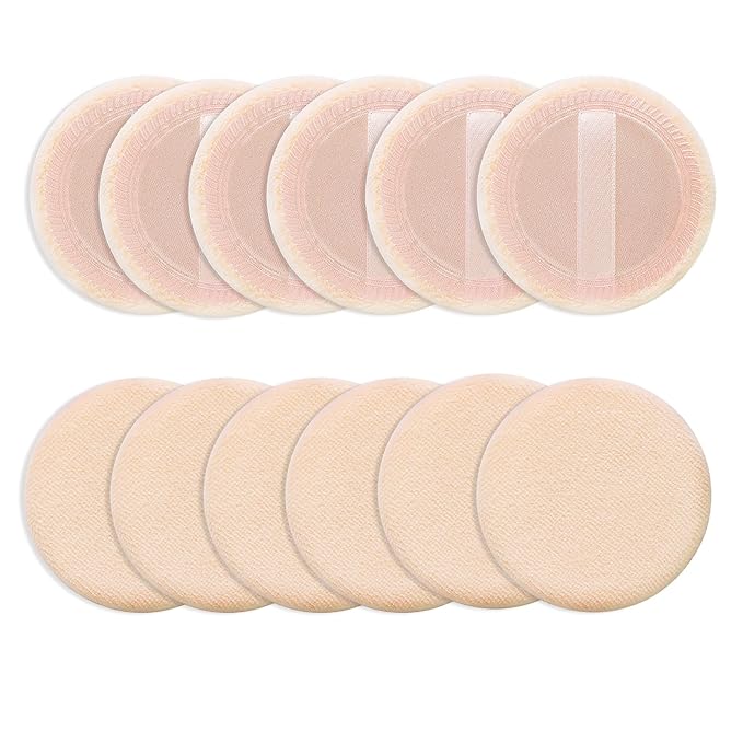Sibba Loose Powder Make Up Puff 12 Pieces Round Velour Face Makeup Compact Body Container Setting Pressed Blending Foundation Cream Make Up Ribbon Strap Sponge Cushion Applicator (Skin Color)