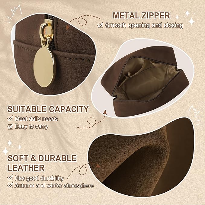 UIXIZQ Waterproof Large Makeup Pouch,Suede Women Travel Toiletry Storage Preppy Cosmetic Bag for Girls,Big Makeup Organizer Bag Cute Zipper Pouch for Sport Work Gift(Large-Coffee)