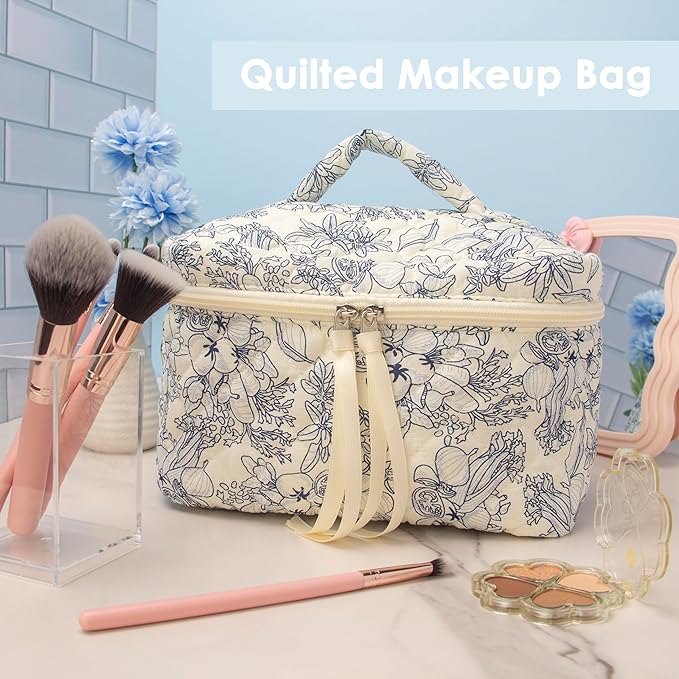 PAZIMIIK Quilted Makeup Bag for Women(Blue,1 Piece Bag)