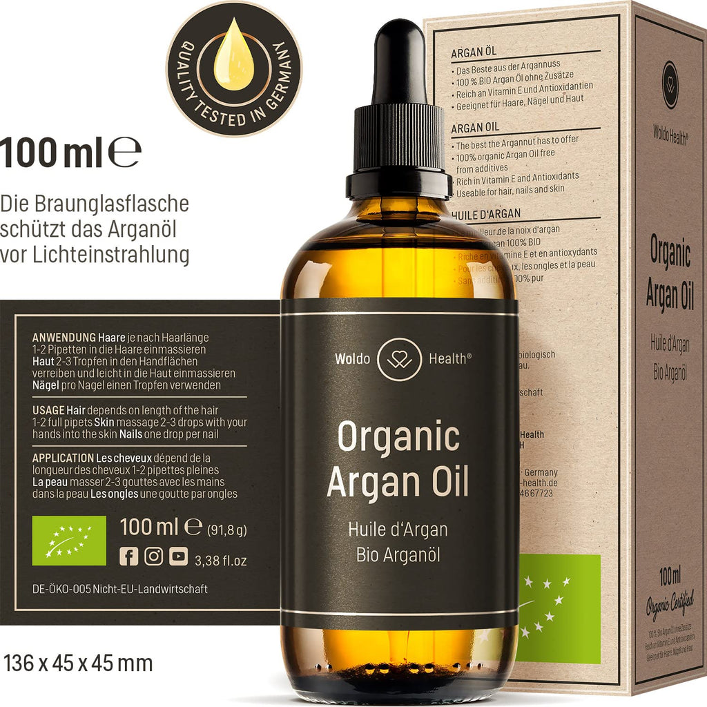 Organic Argan Oil Cold Pressed 3.4 Fl Oz - Moroccan Beauty Oil for Hair, Skin, Nails & Face, Vitamin E Rich, Non-Greasy, Natural Moisturizer