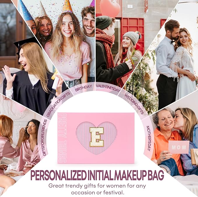 mibasies 2 PCS Initial Makeup Bags for Women: Cosmetic Bag for Travel Toiletry - Personalized Cute Makeup Pouch - Gifts for Grilfriend Wife Moms Bridesmaid - Retirement Travel Gifts - Pink E