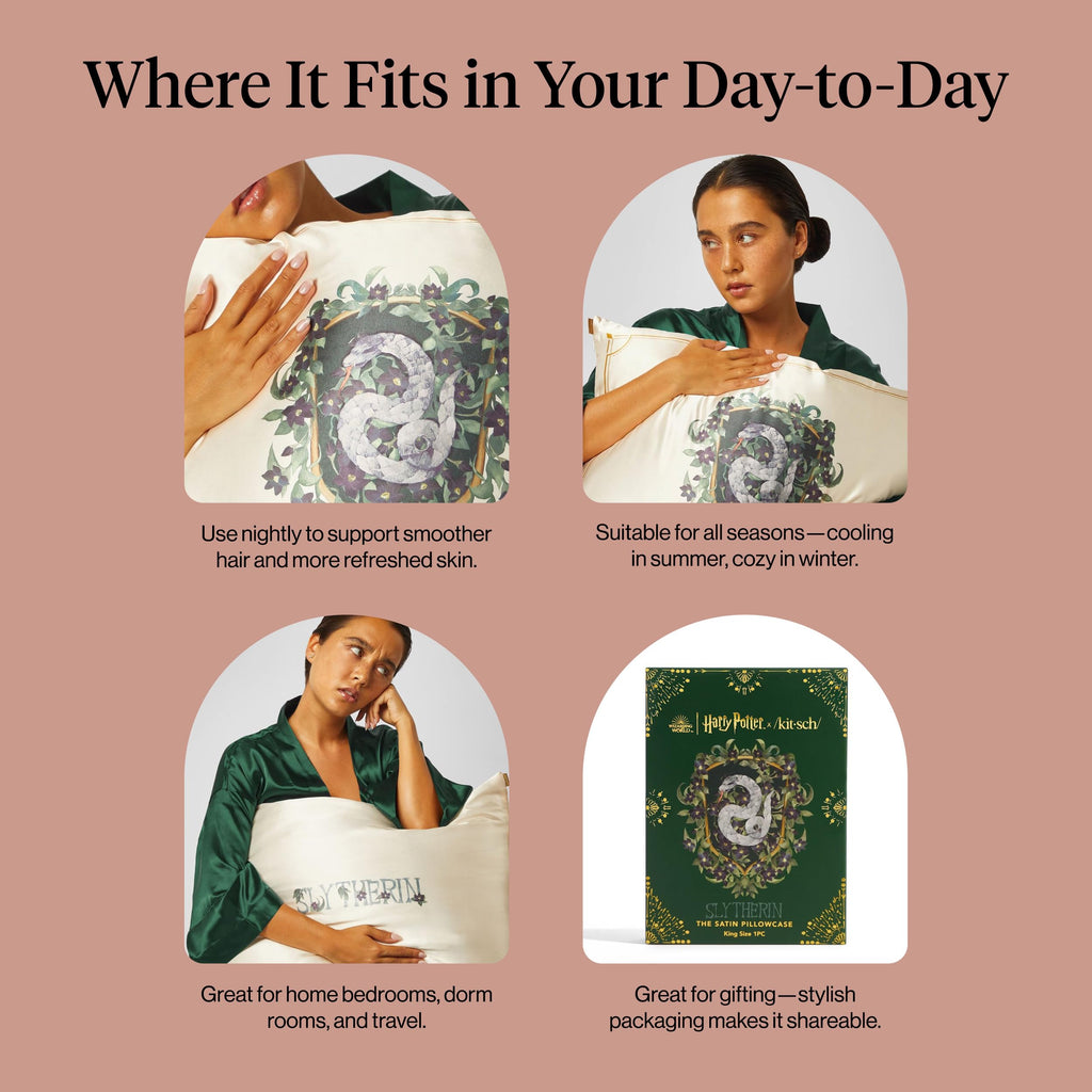 Kitsch & Harry Potter Satin Pillowcase W/Zipper - Size 19x36, Slytherin
