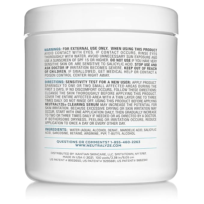 Neutralyze Acne Pads with DuoClear Acid System — 1% Salicylic + 1% Mandelic Dual-Textured Exfoliating Toner Pads for Face, Back & Body — Fragrance-Free, Low-Alcohol — Step 2 (100 ct)