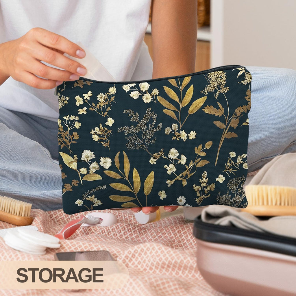 RYYCDOI Vintage Boho Floral Makeup Bag, Dark Moody Wildflowers Floral Cosmetic Bags for Women, Dark Cottagecore Botanical Plant Zipper Makeup Pouch