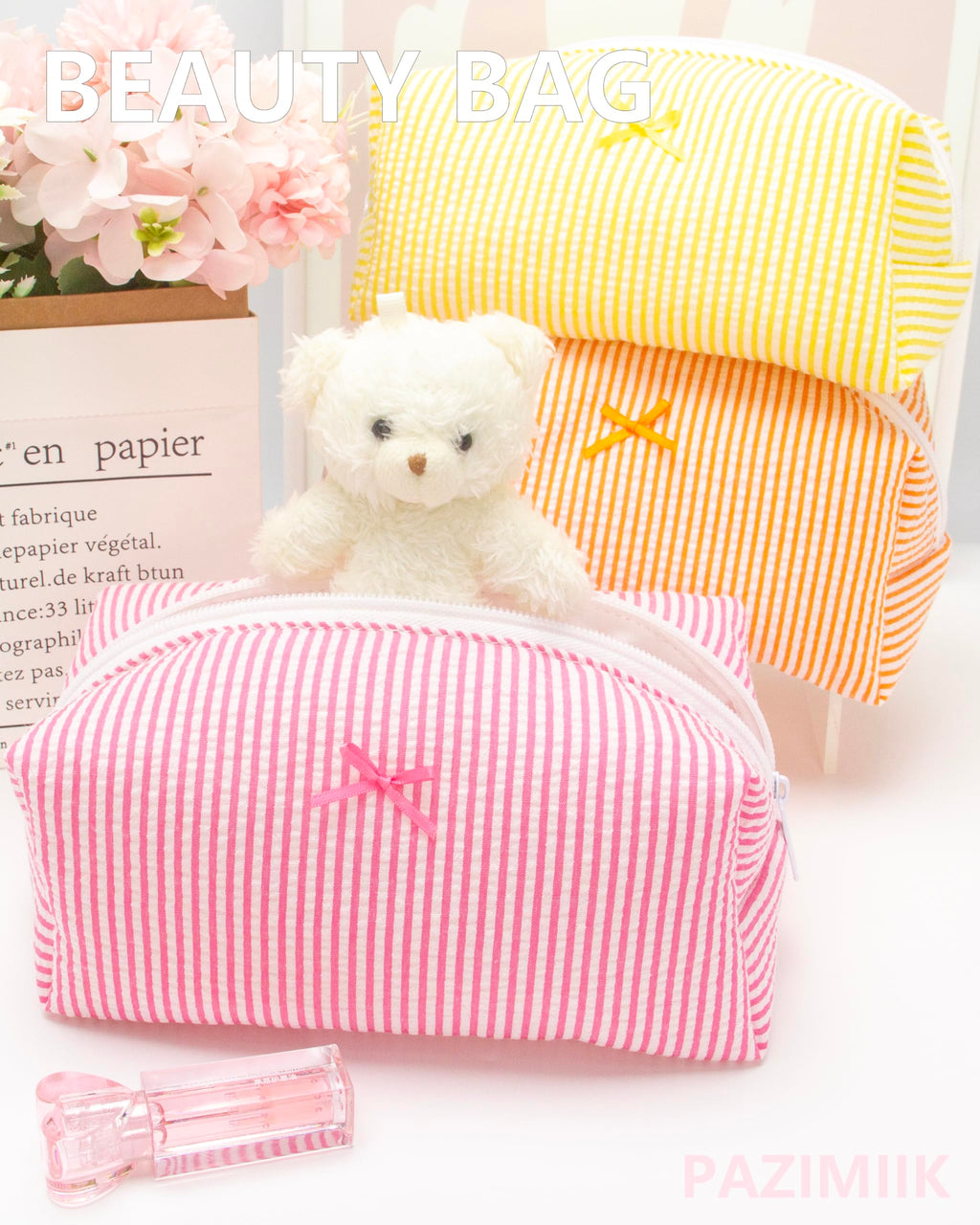 Cozy Makeup Bag for Women,Zipper Cosmetic Pouch,Stripe Candy Pink,6 Pack