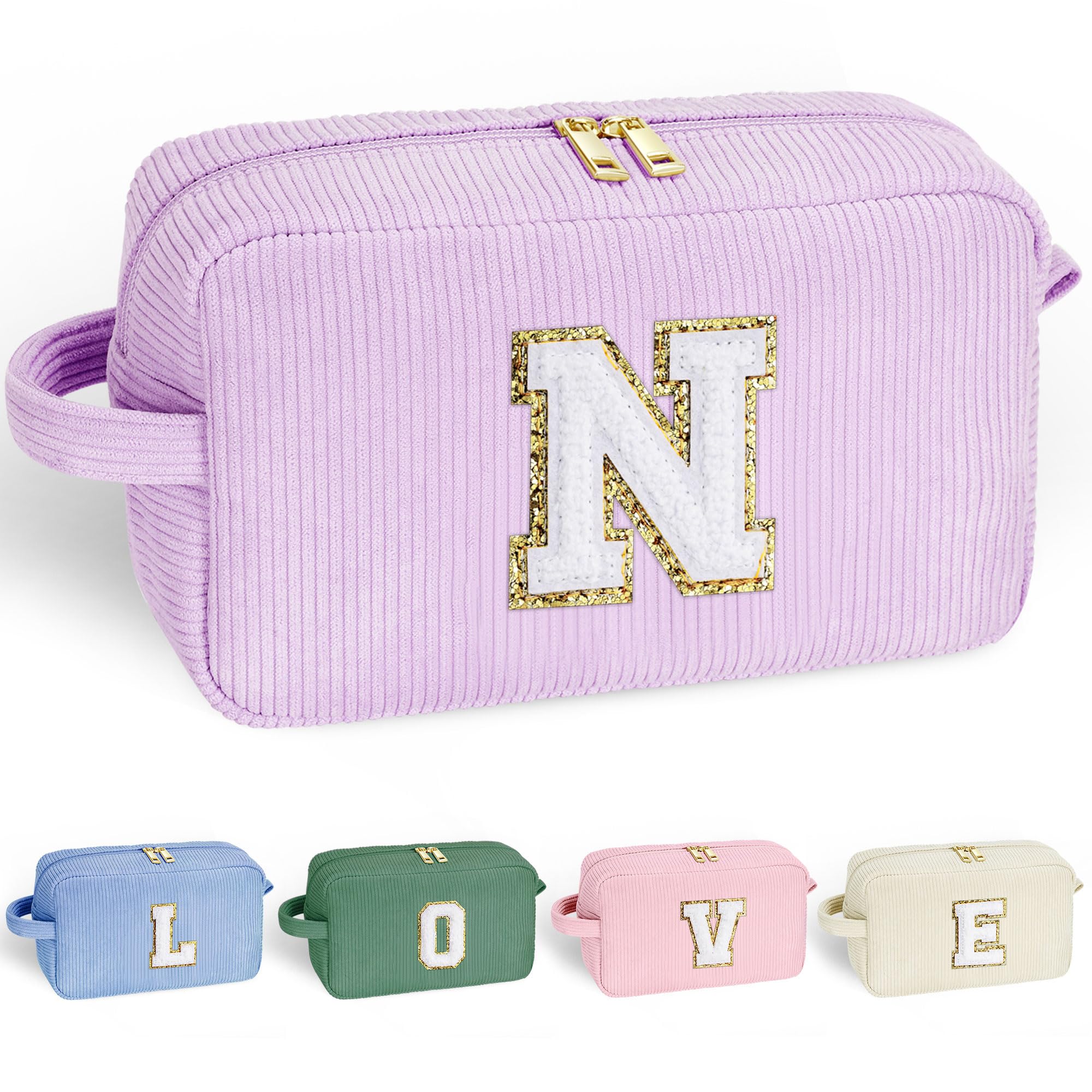 YOOLIFE Monogram Makeup Bag Cute Gifts - Gifts for Women Her Travel Bag Makeup Bag Organizer Makeup Bags for Women Make Up Bag Travel Size Toiletries Girls Wife Friend Sister Mom Gifts Purple Letter N