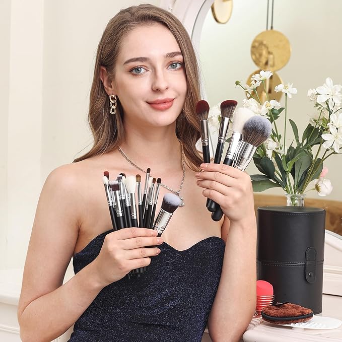 Bueart Design 34Pcs PRO Deluxe Real Goat Hair Horse Hair Makeup Brushes Set