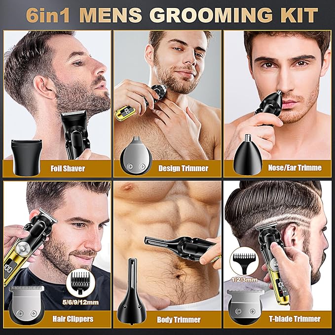 6-in-1 Hair Clipper Beard Trimmer for Men, IPX6 Waterproof Electric Shaver