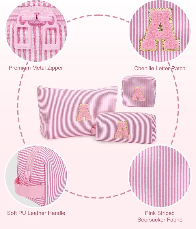 MONSTINA Initial Makeup Bag,Monogram Cosmetic Pouch,Personalized Make Up Case for Girlfriend Graduation Teacher Gifts,Cute Toiletry Bag Preppy Chenille Letter Patch,Pink A