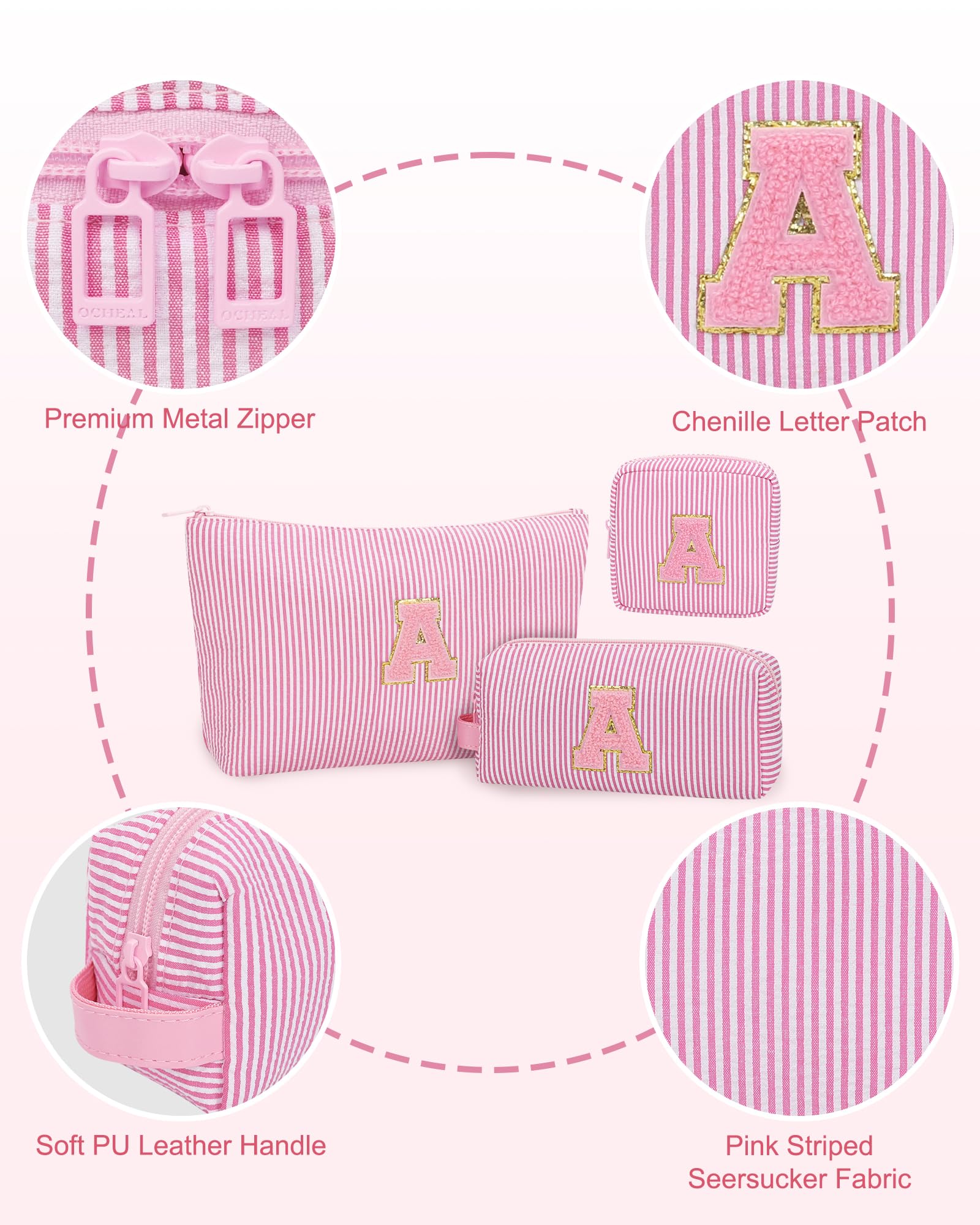 MONSTINA Mom Gifts for Mom, Personalized Initial Makeup Bag Cosmetic Bags for Women Cute|Makeup Pouch Birthday Gifts for Mother,Birthday Gift for Her Cute Toiletry Bag,3PCS Pink M