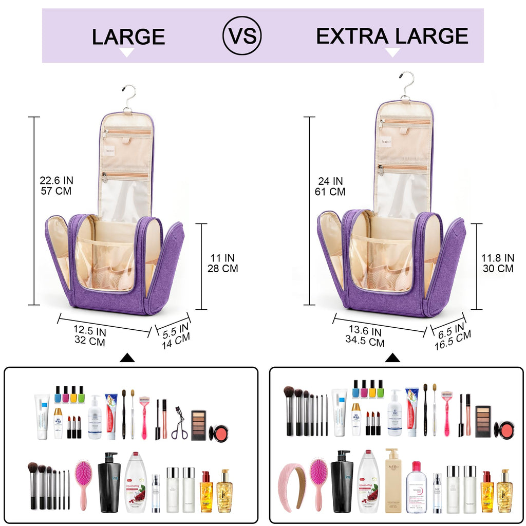 COOSKY Hanging Travel Toiletry Bag for Women and Men, 6 Organizer Compartments, Large Toiletries essentials, Bathroom Cosmetic Accessories, Water-resistant Makeup Bag, Holds Full-Size Shampoo, Purple