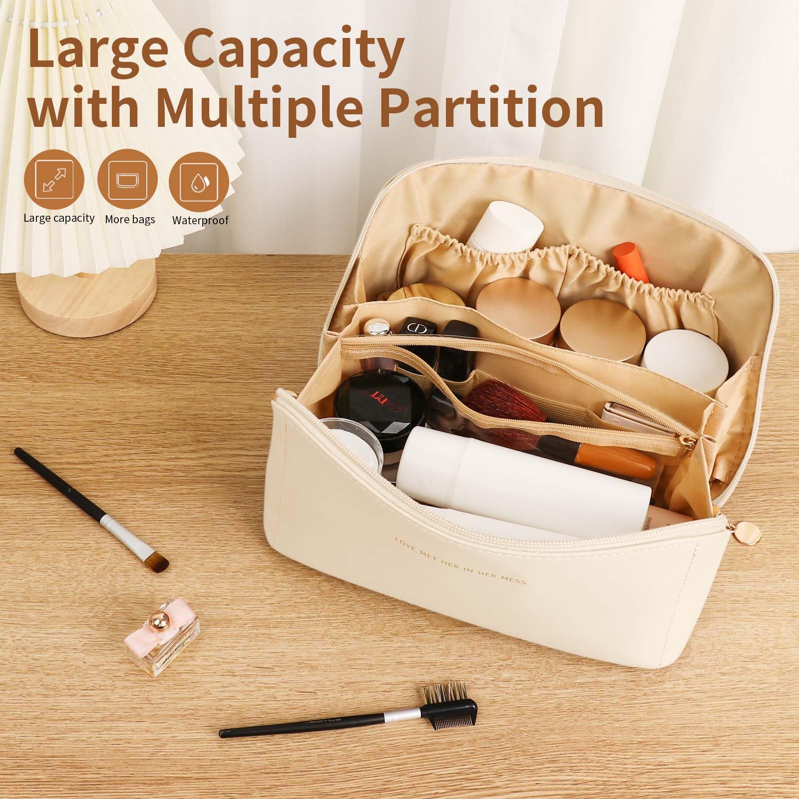 zaleeta Travel Makeup Bag, Large Capacity Cosmetic Organizer Bags for Women, Waterproof PU Leather Toiletry Bags, Wide Open Flat Makeup Case with Divider and Handle