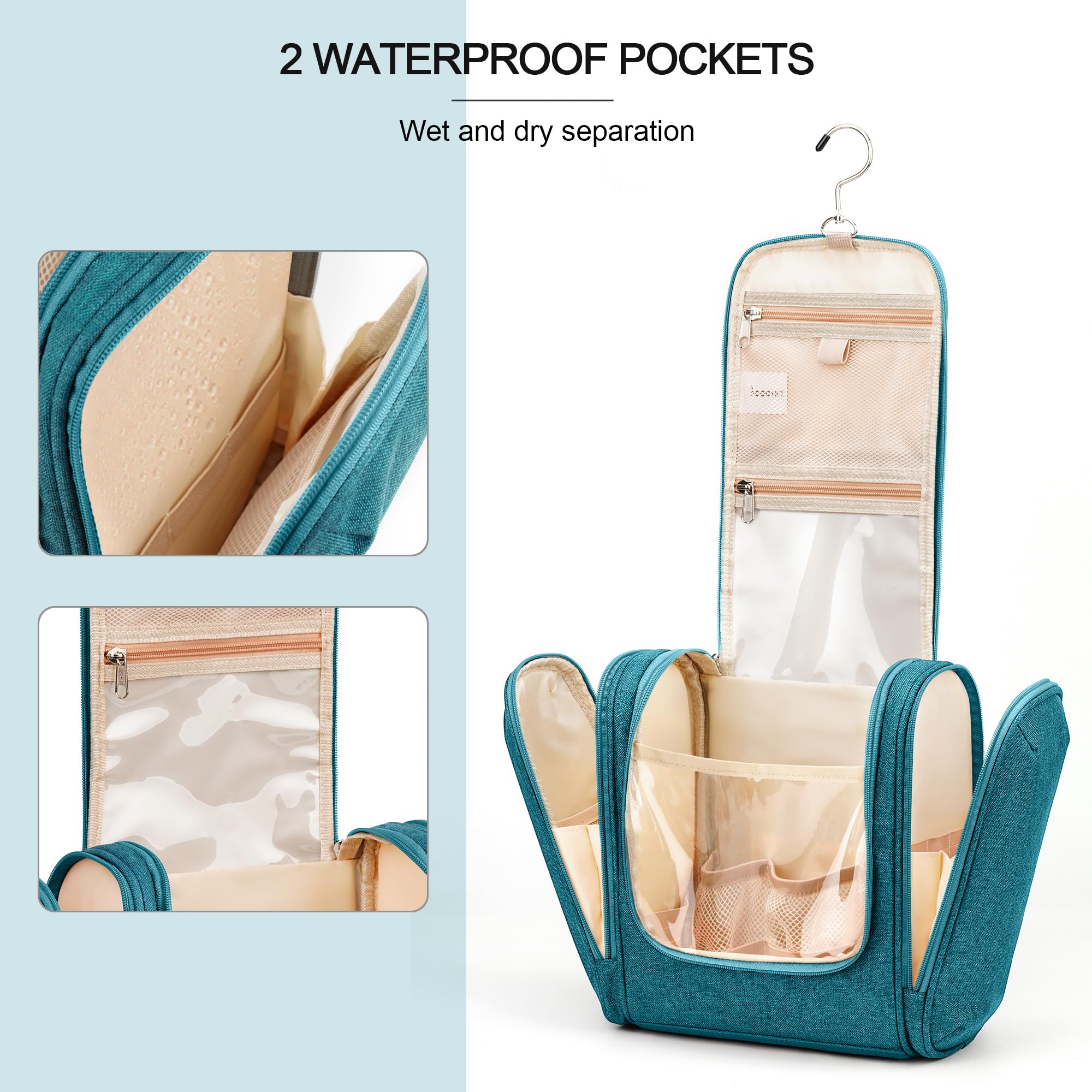Travel Hanging Toiletry Bag for Women and Men, 6 Organizer Compartments, Holds Full Size Bottles, Extra Large Cosmetic Accessories, Makeup essentials, Bathroom Water-resistant Toiletries Bag, Blue