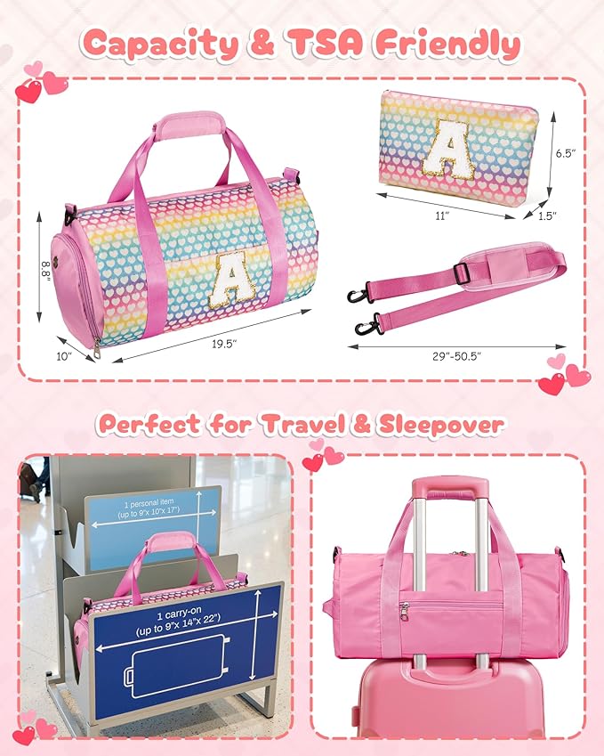 Christmas Gifts for Grandkids, Girls Travel Duffel Bag, Kids Initial Overnight Bags with Shoe Compartment, Personalized Weekender Bag with Makeup Pouch, Gift for 8 Year Old Girl (Letter S)