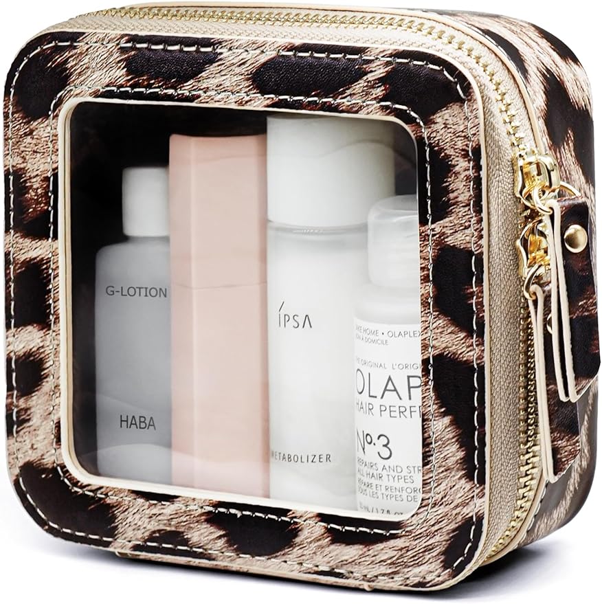Small Makeup Bag for Purse Accessories Women Clear Cosmetic Mini Pouch Car Essentials Bag Leopard Print Clear Leather Make Up Travel Bag Organizer with Zipper Cute Compact Cheetah Little Toiletry Bag