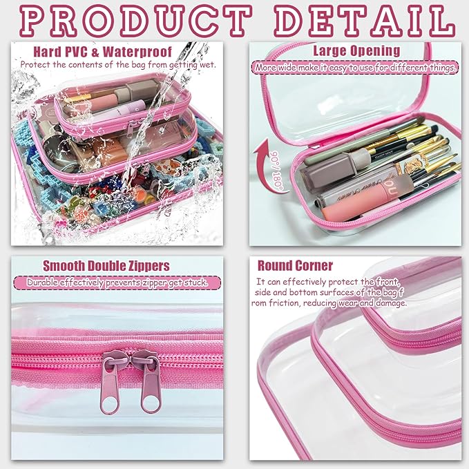 YOQIVEXU 3 Pcs Clear Hard Zipper Case, Hard Shell Plastic Clear Organizer Bag, Transparent Makeup Pouches, Portable Box for Travel Toiletries Storage Bins (Pink, Multi)